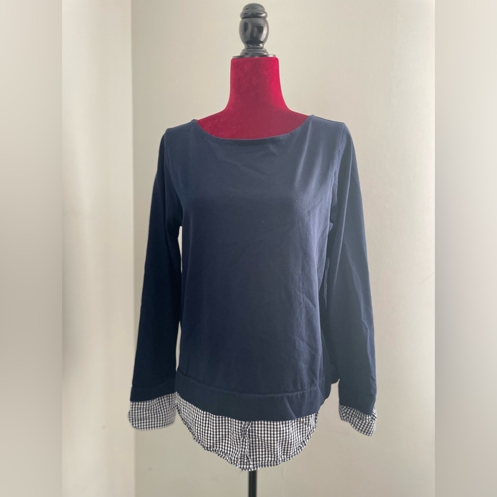 Navy Blue Women's Top with Checkered Cuffs